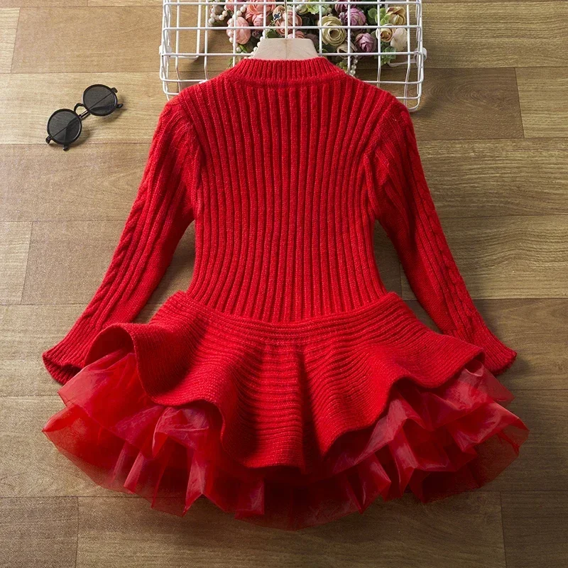 Girls Autumn/Winter Knitted Sweater Kids Warm Princess Clothes For Birthday Party Children's Red Christmas Long Sleeves Vestidos