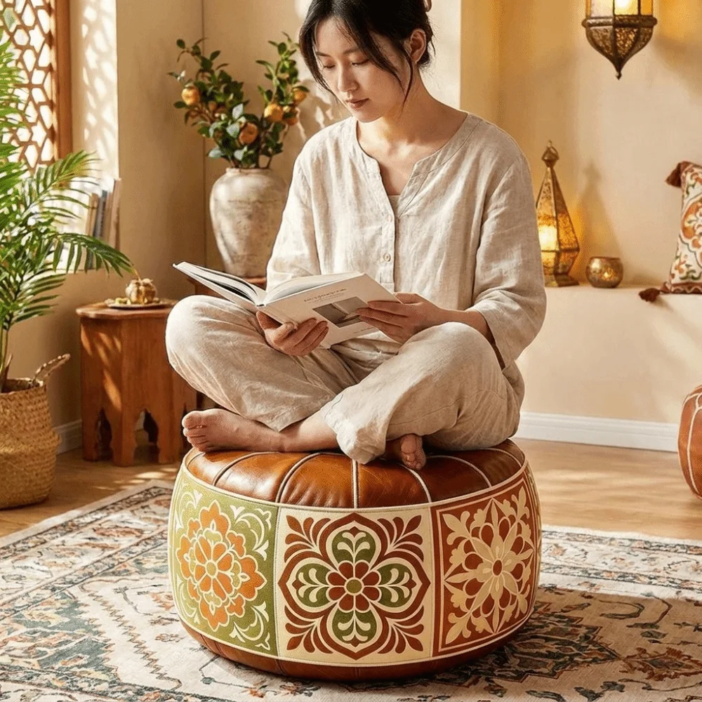 Tatami Style Boho Style Sofa Stool Cover Unstuffed PU Leather Storage Ottoman Waterproof Foldable Clothes Storage Bag Bedroom