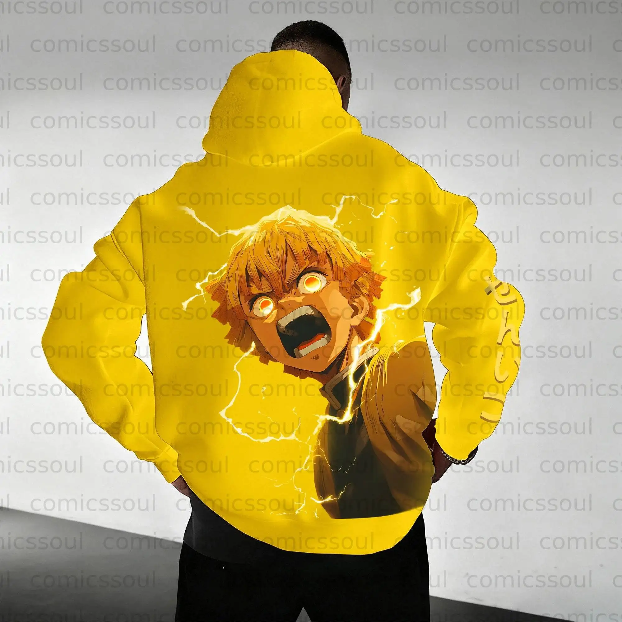 Yellow Demon Slayer Hoodie Set met Zenitsu Agatsuma Lightning Back Print Flower Chest Logo Kimetsu No Yaiba Tweedelige outfit