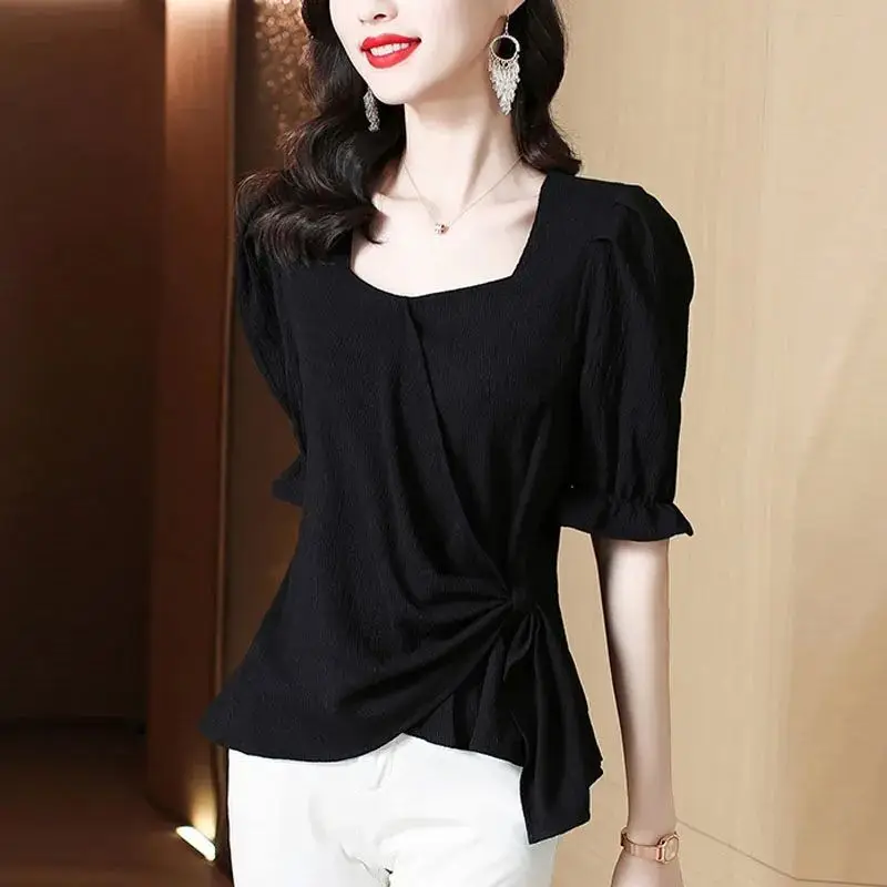 Korean Puff Sleeve Blouse Summer Solid Color Waist Stylish Folds Spliced 2023 Female Clothing Commute Loose Asymmetrical Shirt