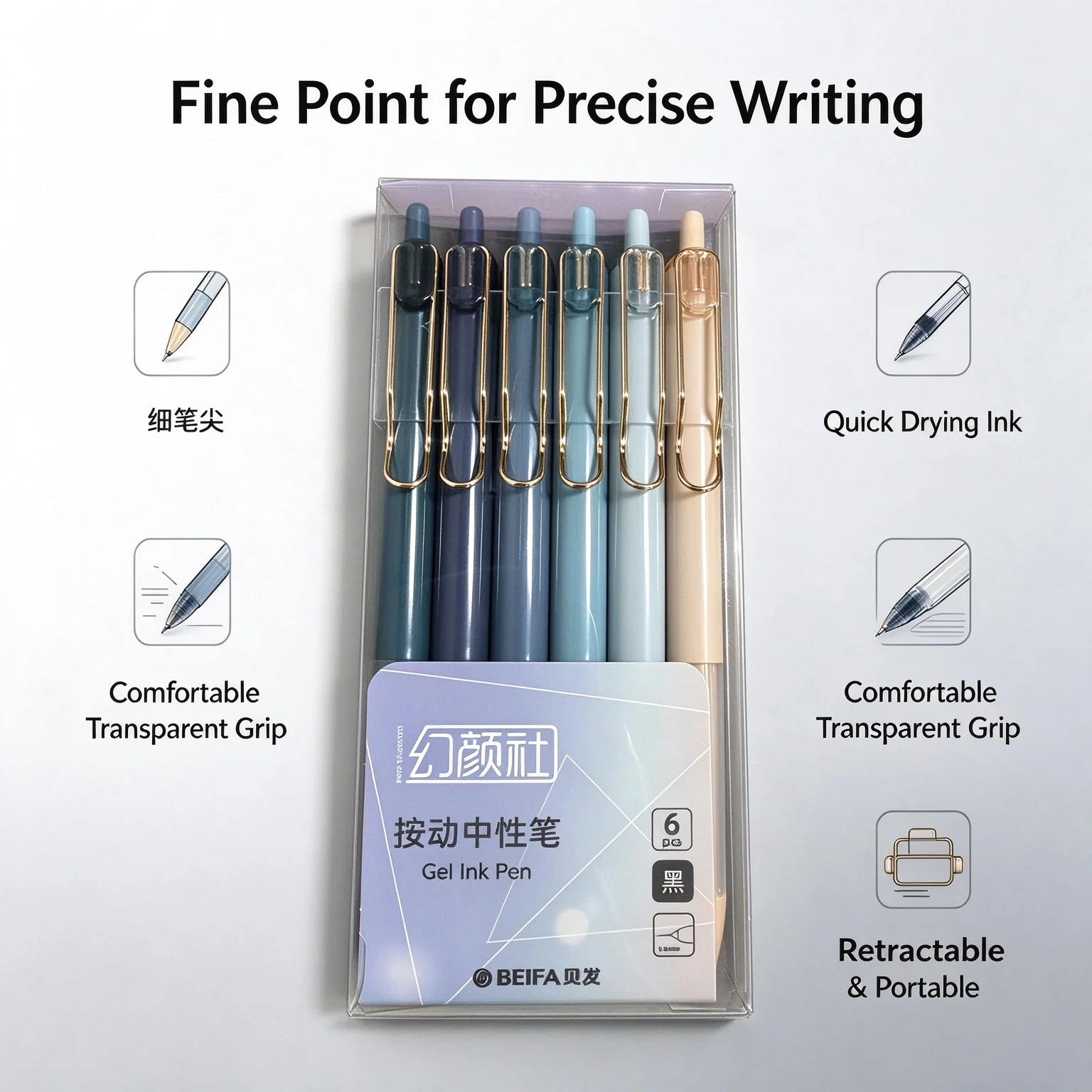 Telescopic gel pen, six Morandi 0.5mm fine pointed black gel ink pens, transparent grip, suitable for school office