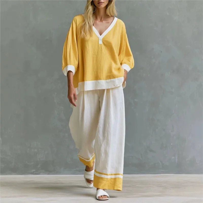 Women Stripe 2 Piece Outfit Spring Autumn V Neck 3/4 Sleeve Color Block Top Wide Leg Pants Set Loose Casual Suit Ladies Set