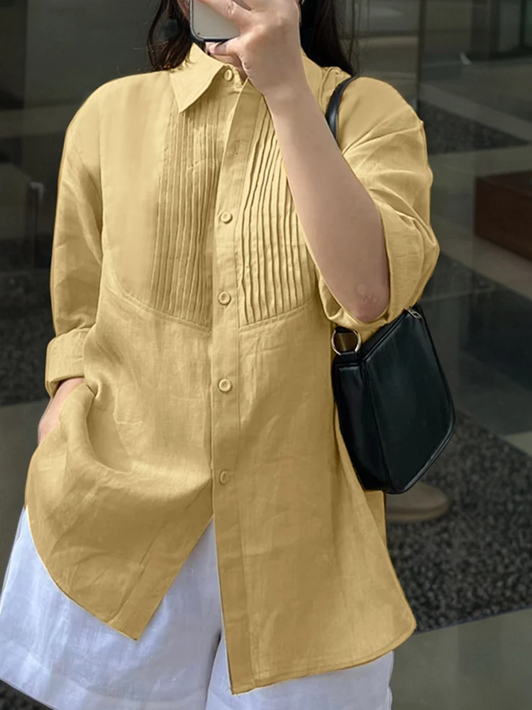 

ZANZEA Women Shirts Vintage Solid Tops Buttons 3/4 Sleeve Casual Turn-Down Collar Blusas 2025 Oversized Fashion Pleated Tunic