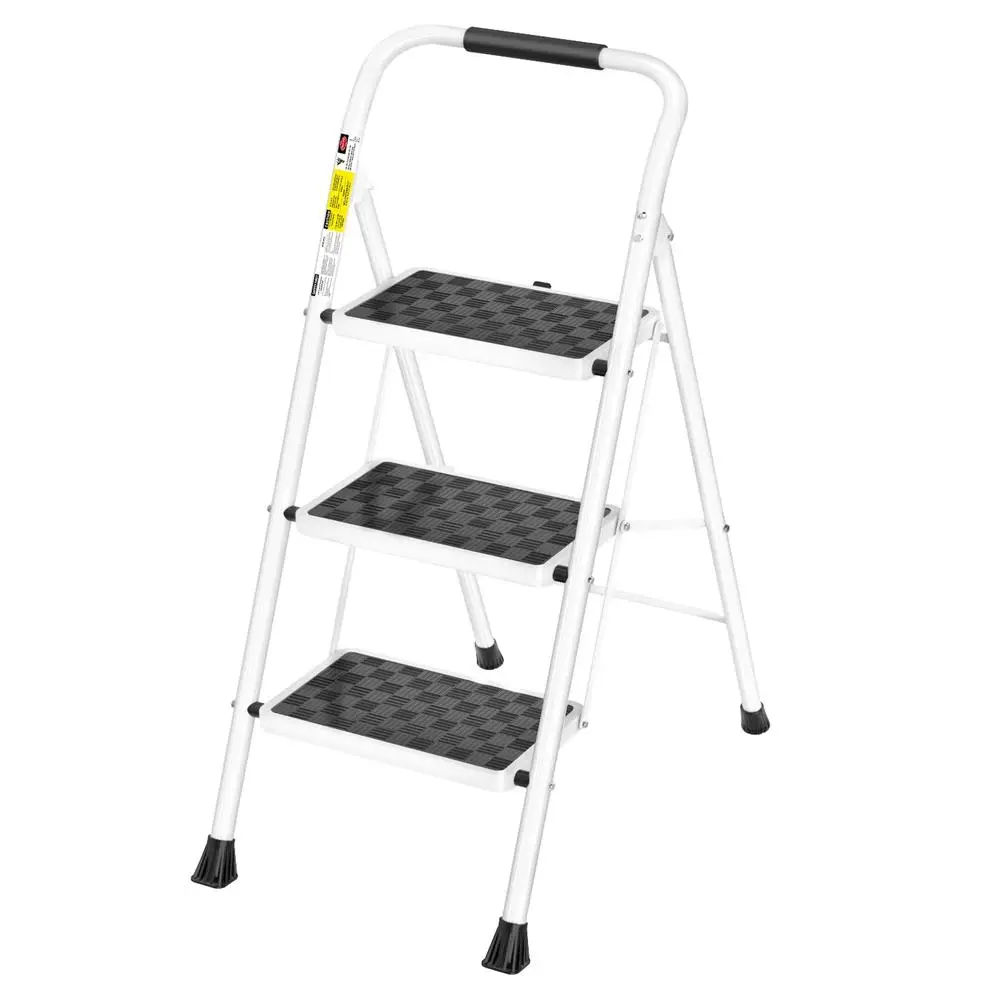 3-Step Folding Steel Ladder Stool Adults Wide Pedal Support Rod Design Cushioned Sponge Handle Non-Slip TPR Feet Compact Storage