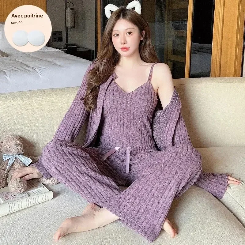 خريف جديد المرأة بيجامة مجموعة الراقية FeelLong كم سراويل قطنية بسيطة نمط المنزل تويد مع الصدر