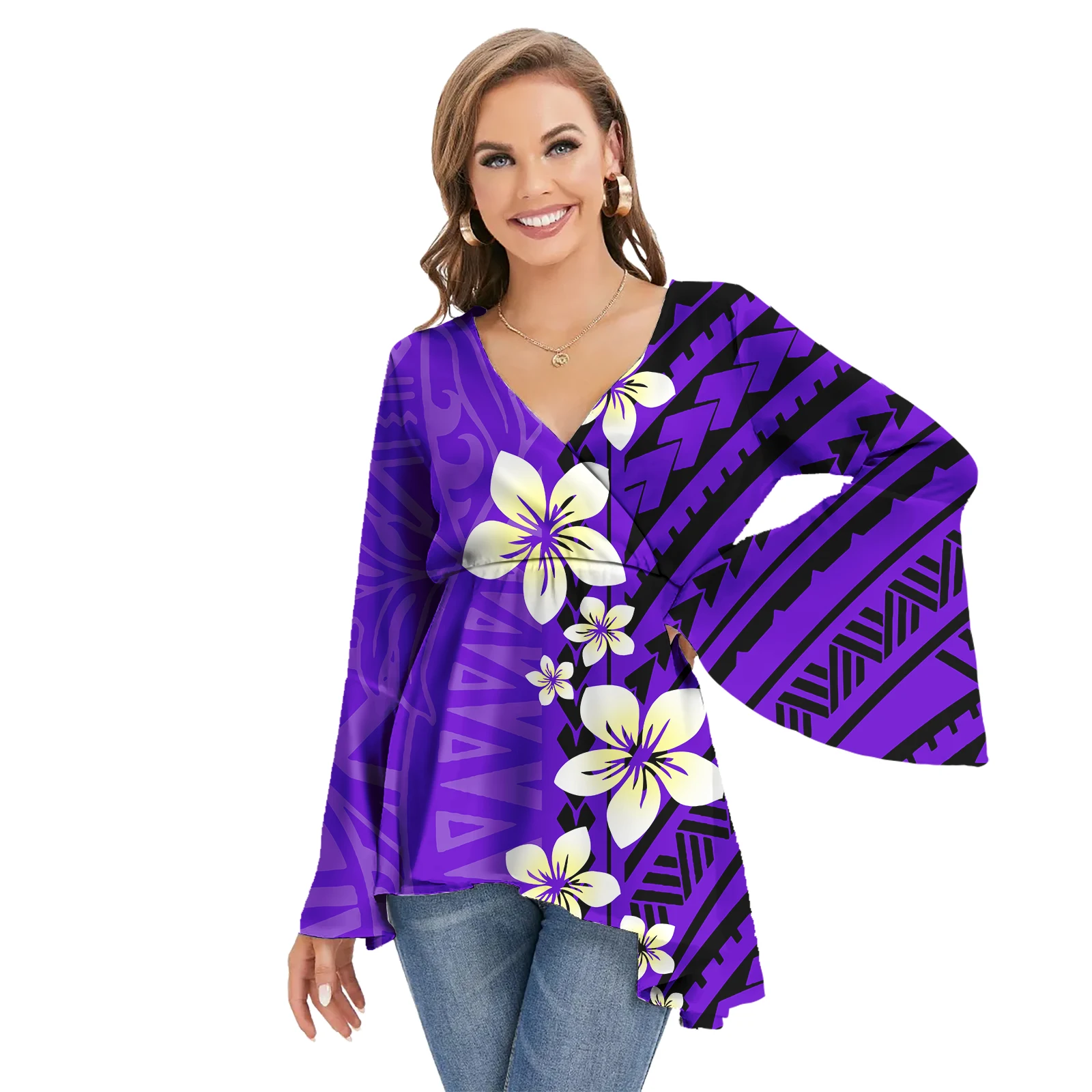 Samoan Fijian Design Blouses Flare Sleeve Ladies Blouses Casual Fashion Beach Island Women Tops Chiffon Shirt