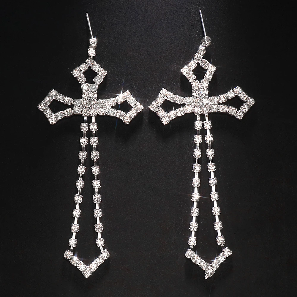 Stonefans Bridal Crystal Cross Shape Long Earrings Sparkly Accessories Rhinestone Dangle Earrings for Women Wedding Jewelry