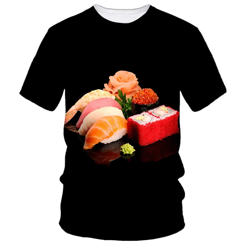 Salmon Print Creative Personality Men's Short Sleeve Fashion Personality Hip Hop Street Food Shrimp Casual Quality T-Shirt Top