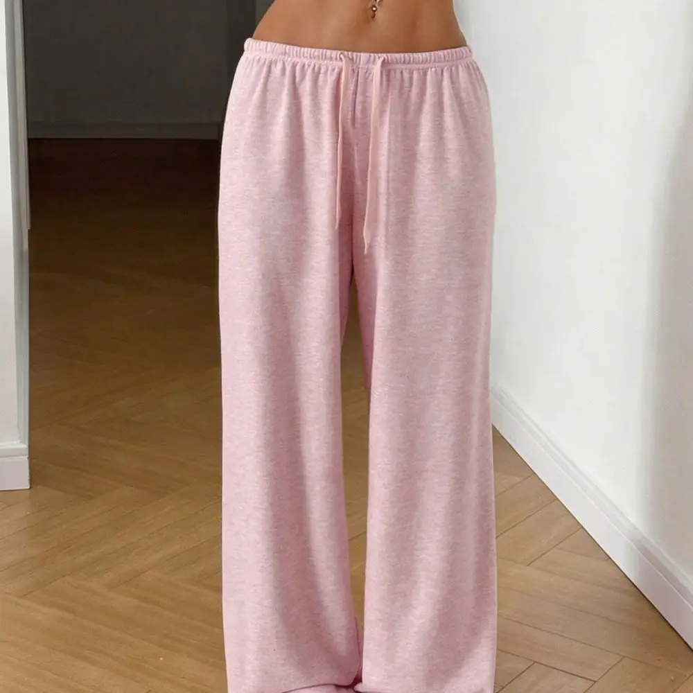 Fashion Women Wide Leg Trousers Casual Loose Fit High Elastic Waist Drawstring Solid Color Soft Comfortable Daily Bottoms