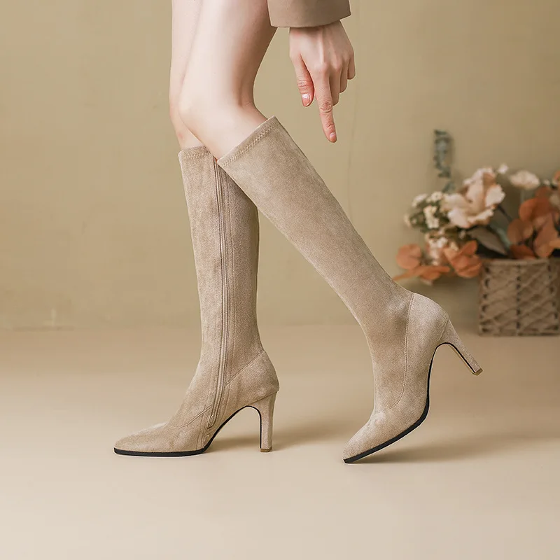 

Elastic High Heel Long Boots Women's New Style Slim Pointed Toe Thick Heel High Tube Socks Boots Winter Warm Rubber Outsole