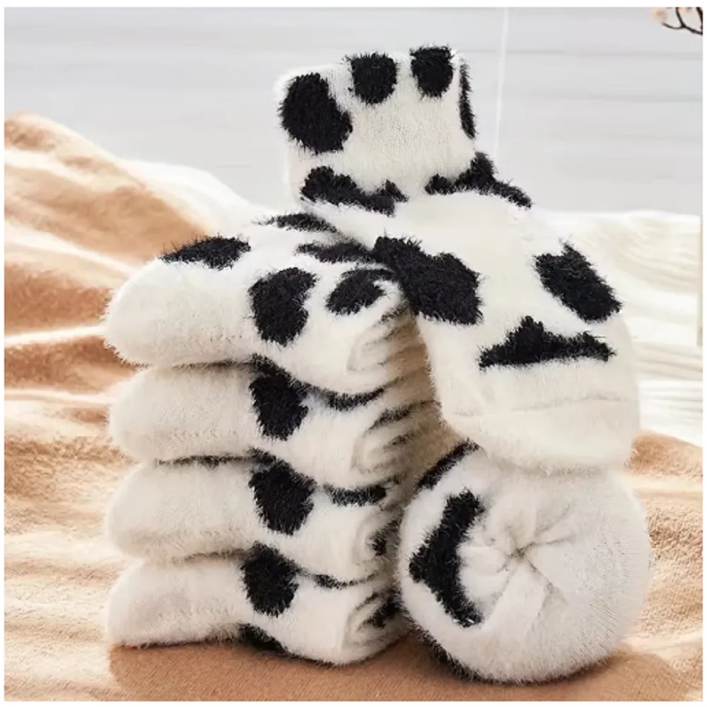 2/3/10 Pairs Women\'s Plush Mid Length Socks Dairy Cattle Thickening Mink Wool Sweet Soft Warm Stay At Home Women\'s Floor Socks