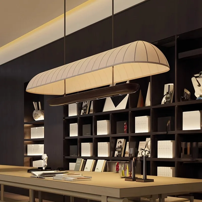 Japanese Retro Long Strip White Fabric LED Pendant Lights Iron Art Hanging Lamp Living Room Restaurant Kitchen Island Chandelier