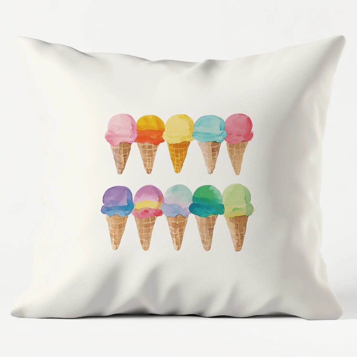 Colorful Ice Cream Cone Pillowcase, Rainbow Watercolor Dessert Cushion Cover, Sweet Summer Home Decor, Kawaii Bedroom Gift