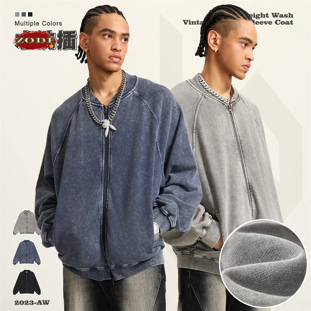 ZODF New 2023 Winter Washed Double Zipper Jackets For Men Unisex Loose Heavy Weight 450gsm Raglan Sleeve Cotton Coats HY0649