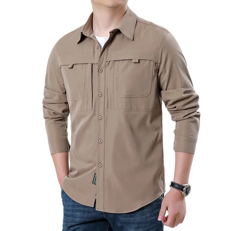 Men's Long Sleeve Tactical Shirts Men Breathable Cargo Work Shirt with Zipper Pocket Outdoor Quick Dry Hiking Fishing Shirts