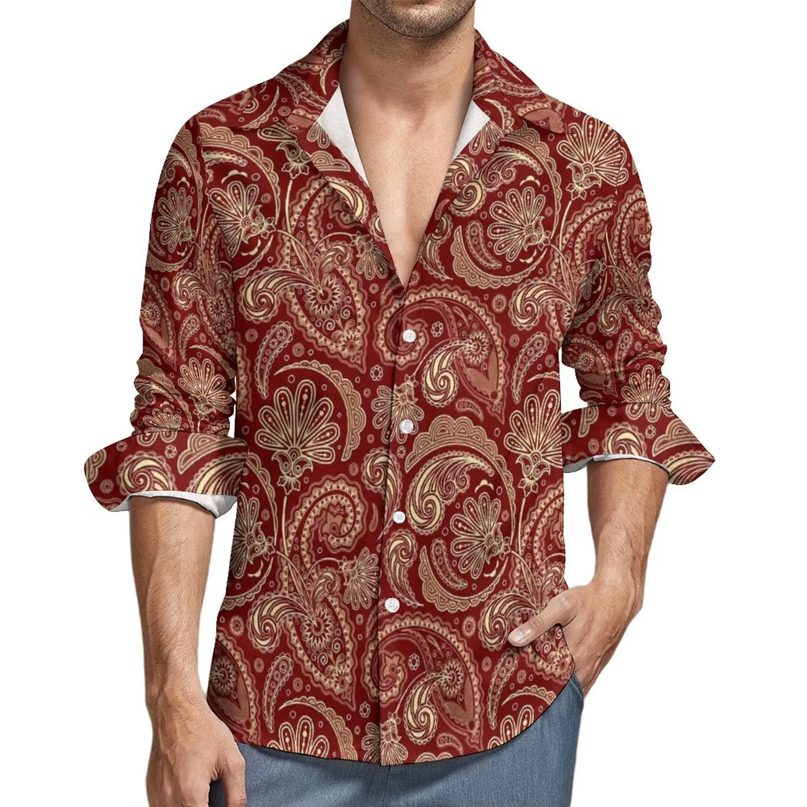 

Red Paisley Casual Shirt Vintage Print Trendy Hawaii Shirts Man Short Sleeves Vacation Y2K Street Printed Oversized Blouses