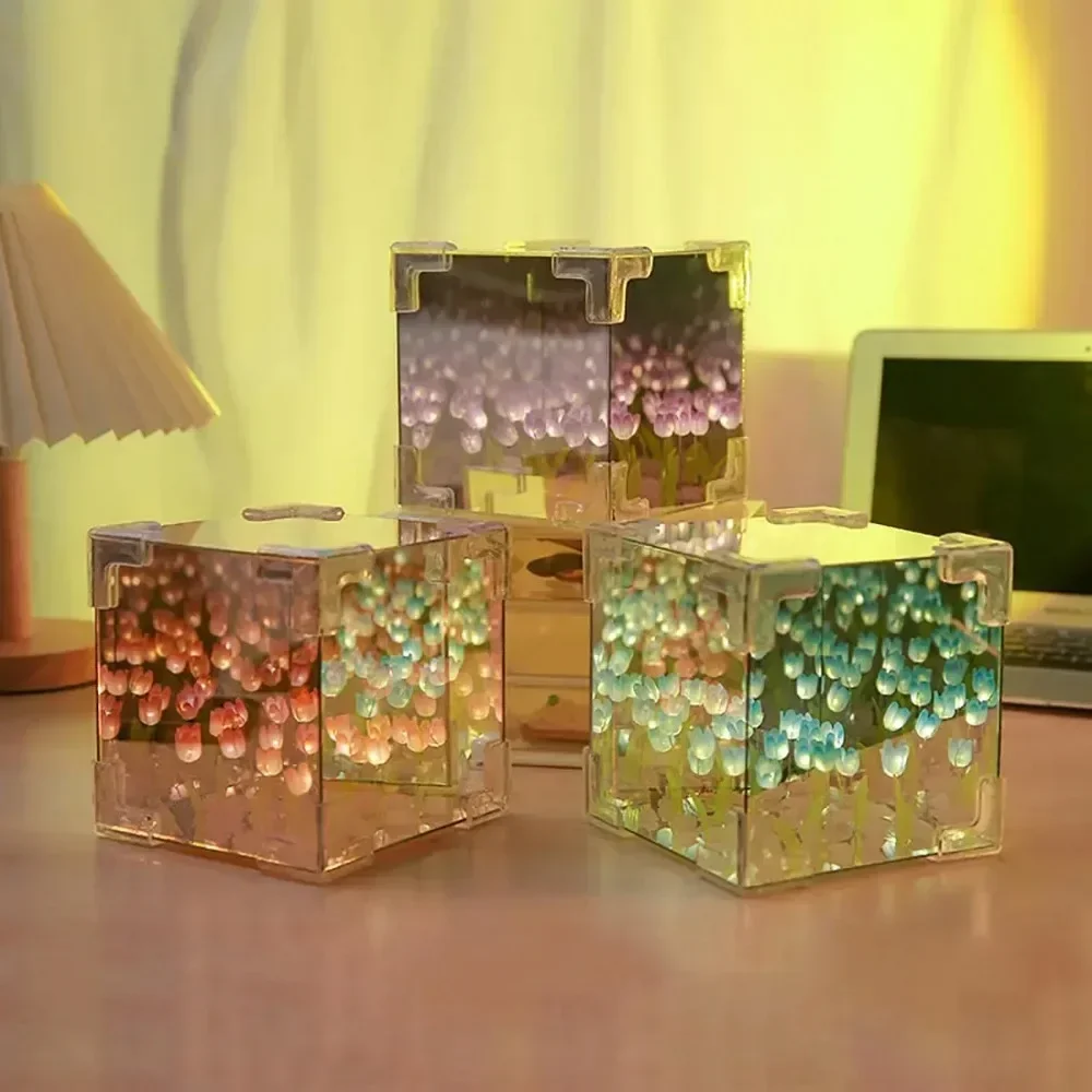 

1 Set DIY Tulip Mirror Night Light Handmade DIY Tulip Flower Magic Cube Mirror Table Lamp Home Decoration for Girls Friends Gift