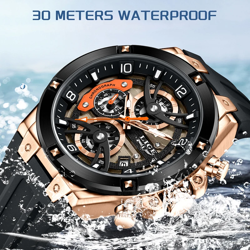 ساعات LIGE مقاومة للماء للرجال، ساعة يد رياضية عسكرية عصرية للرجال من أفضل العلامات التجارية الفاخرة باللون الأسود من السيليكون كرونوغراف كوارتز
