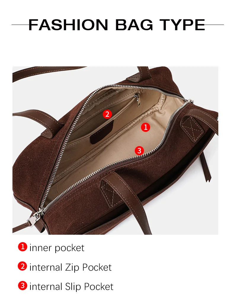 Echte Rindsleder-Damenhandtasche, Einzel-Schulter-Unterarmtasche, Wildleder-Gebürstete Bowling-Tasche – Detail 5