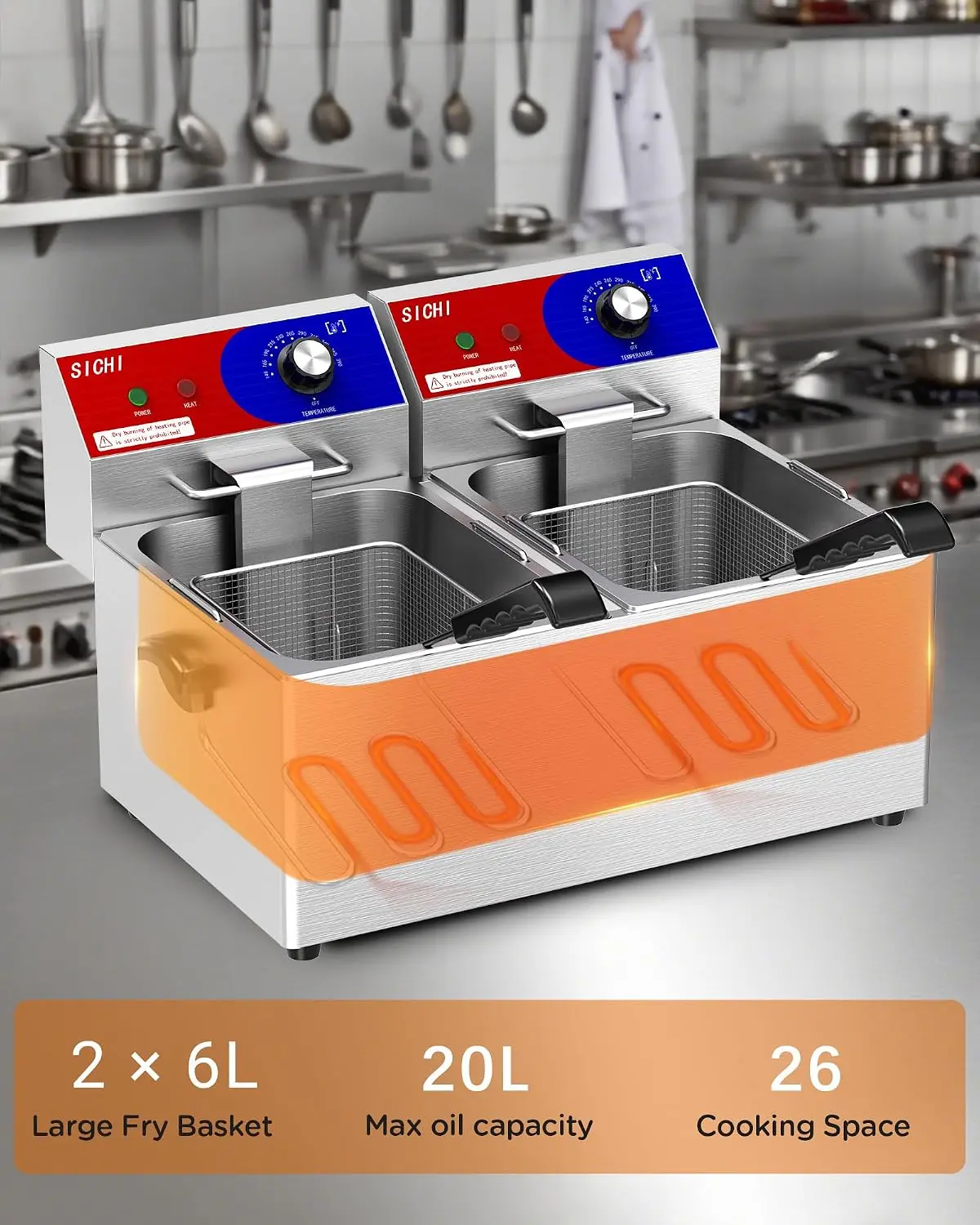 ^Commercial Deep Fryer - 26 L Large Deep Fryer with 10 L Basket, Commercial Deep Fryer with Basket (2Pcs), Stainless Steel