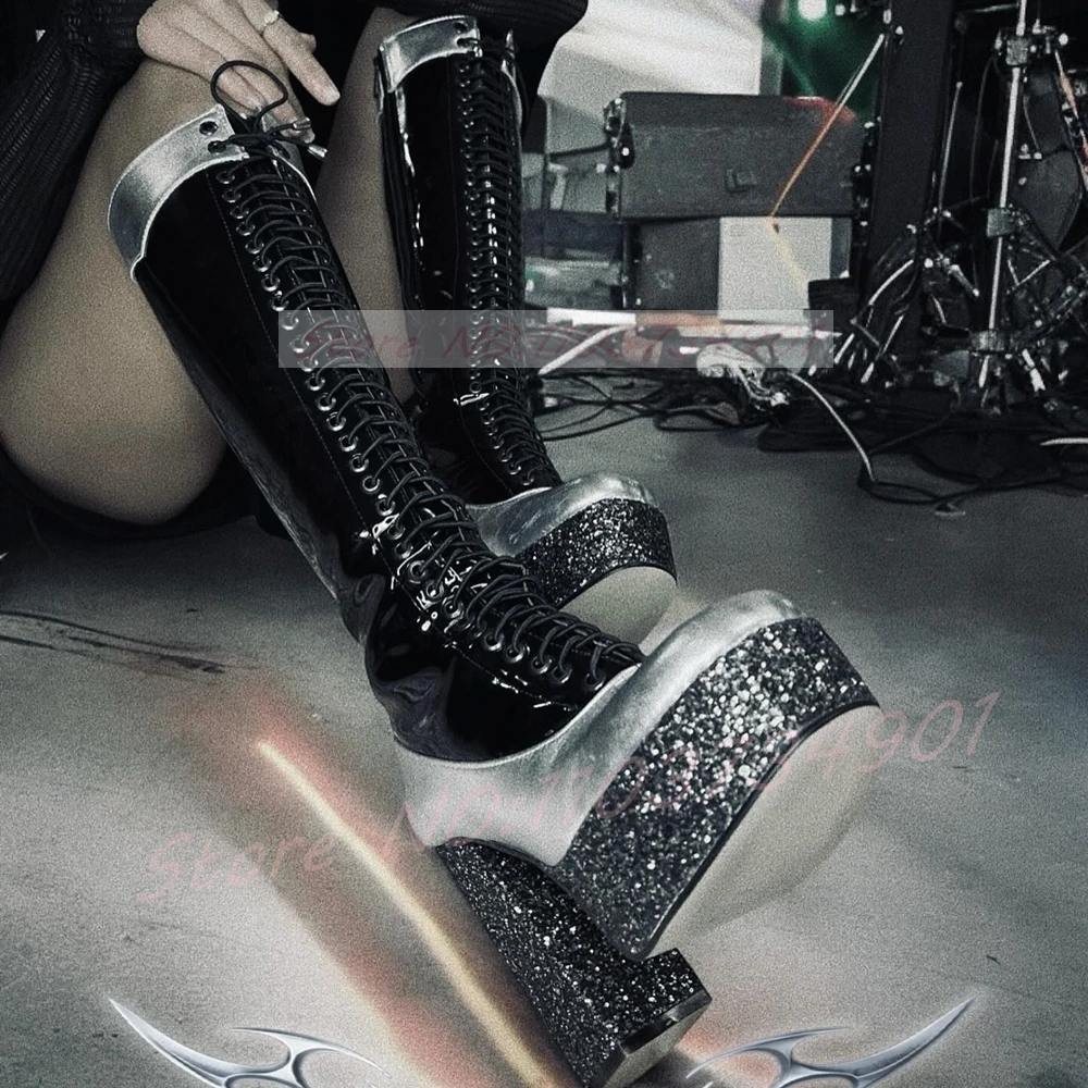 Glitter Platform Knee High Boots Women Silver Bling Patchwork Lace-up Strap Block Heels Shoes Lady Party Runaways Gothic Boots