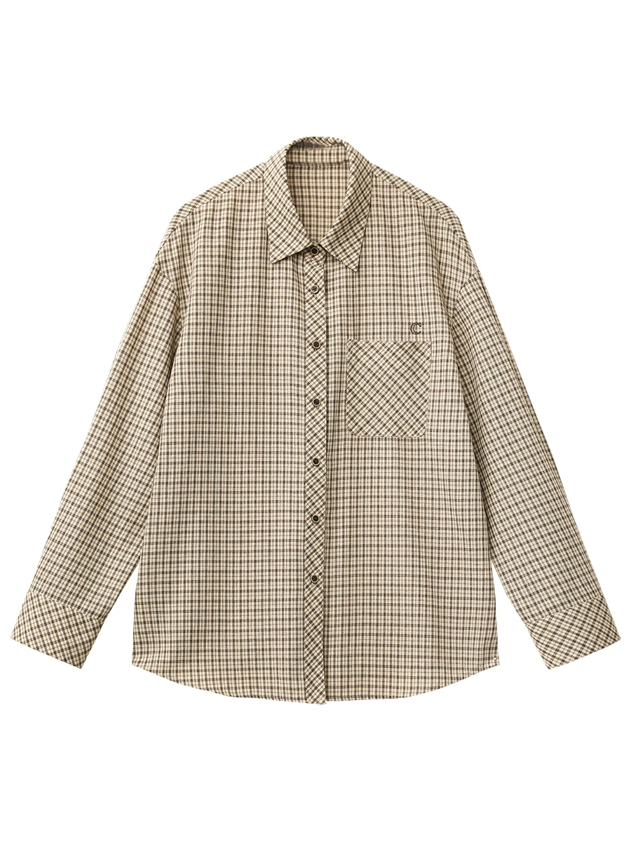 Women's Retro Plaid Embroidered Button-Up Shirt - Loose Fit