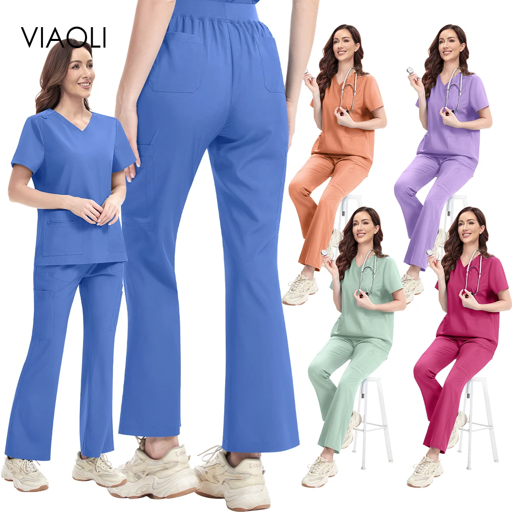 conjunto-de-uniforme-medico-feminino-hot-sale-calca-flare-elegante-e-blusa-de-enfermagem-para-clinicas-veterinarias-10-cores-elastico-para-cirurgias