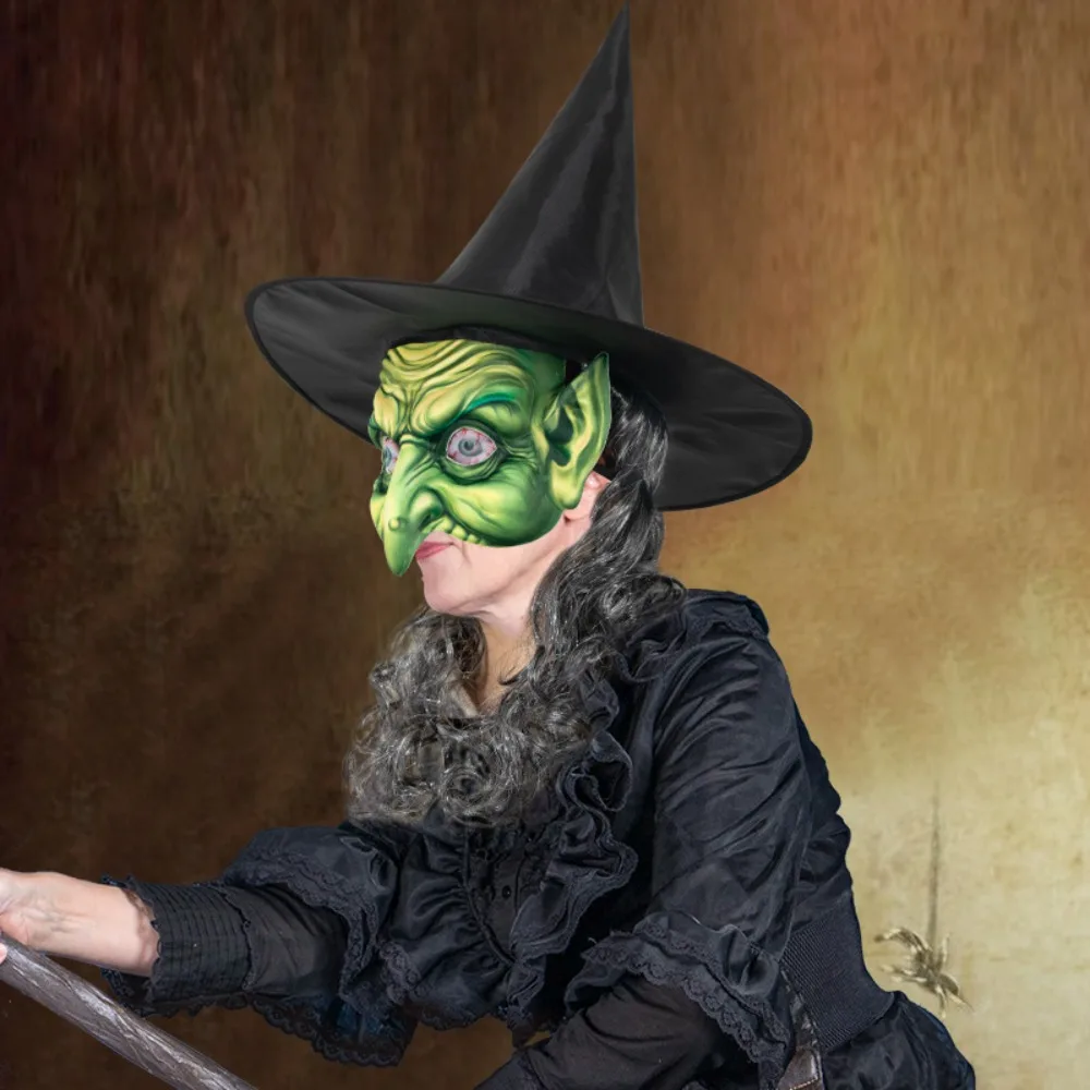 مجموعة قناع قبعة ساحرة على شكل شبكة عنكبوت للشعر، قناع ساحرة رعب للهالوين باللون الأخضر والأسود، قناع شيطان من القماش البوليستر، ديكور الدراما #1