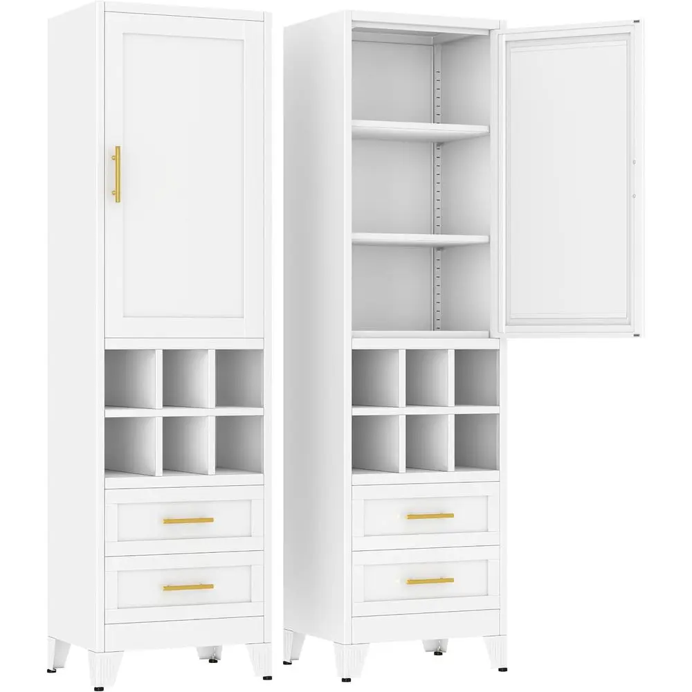 White Tall Narrow Storage Cabinet with Drawers and Adjustable Shelves for Pantry, Bathroom, Living Room, and Kitchen