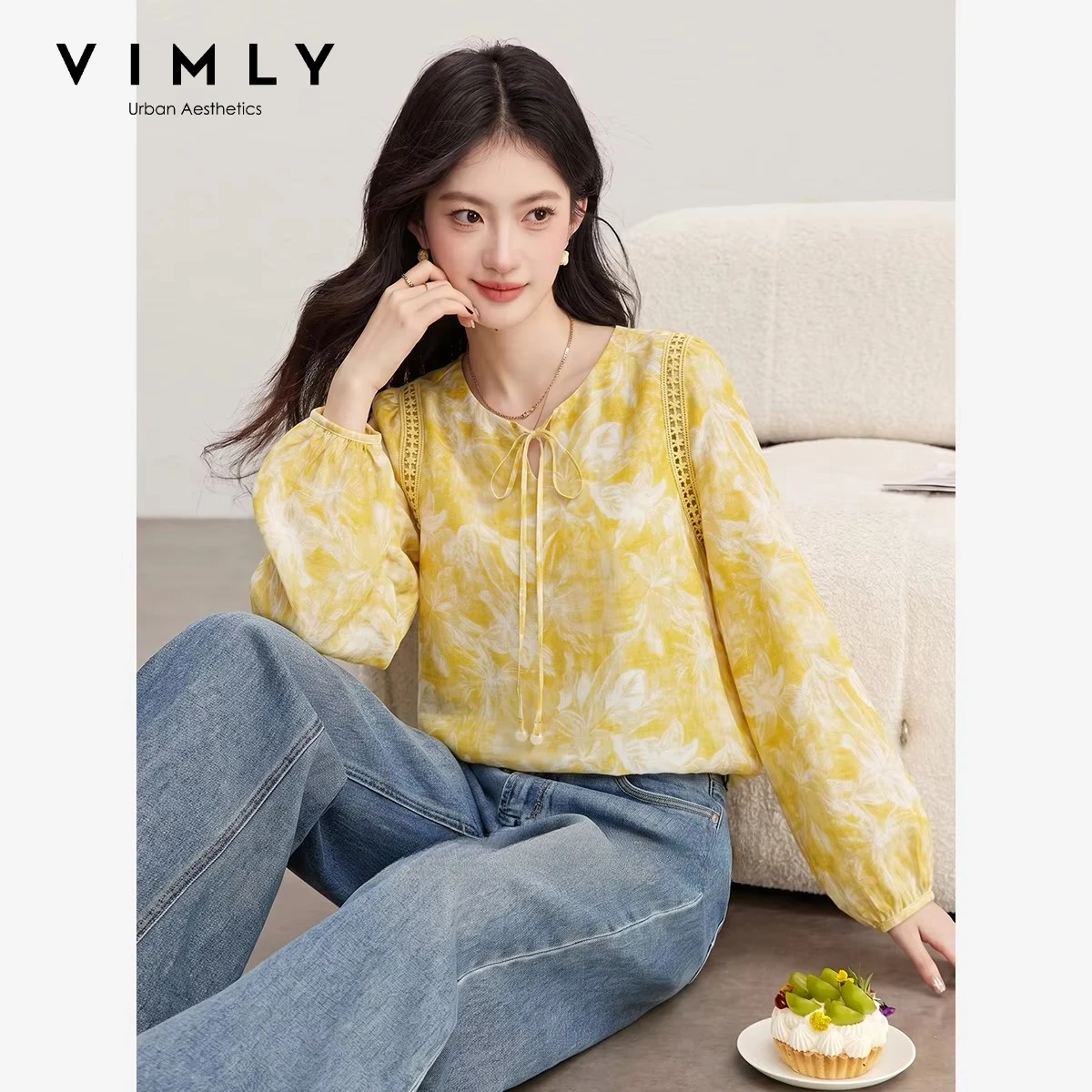 VIMLY Women's Yellow Blouses 2026 Autumn Lace Hollow-out Tie Design Long Sleeve Shirt Fashion Elegant Loose-fit Top Female A7176