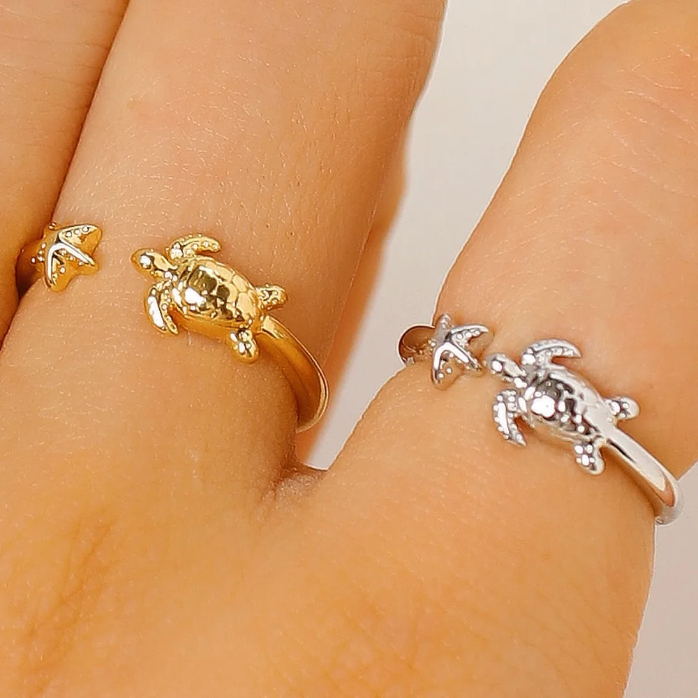 Creative Cute Stainless Steel Ocean Turtle Starfish Opening Rings for Women Fashion Personality Daily Vacation Jewelry Gifts