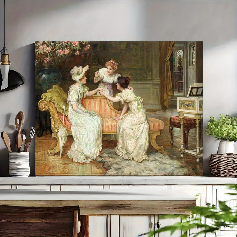 (No frame)2D Flat 1pc Victorian-Style Canvas Wall Art - Three Women in Elegant 19th Century Dresses Engaged in Conversation,