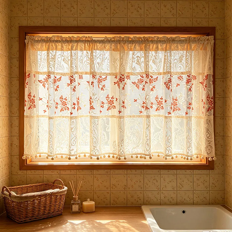 1pc Yellow Paisley Feather Lace Spliced Cafe Curtain, Retro Red‑Tone Floral Mesh Embroidered Half Curtain with White Pom Fringe