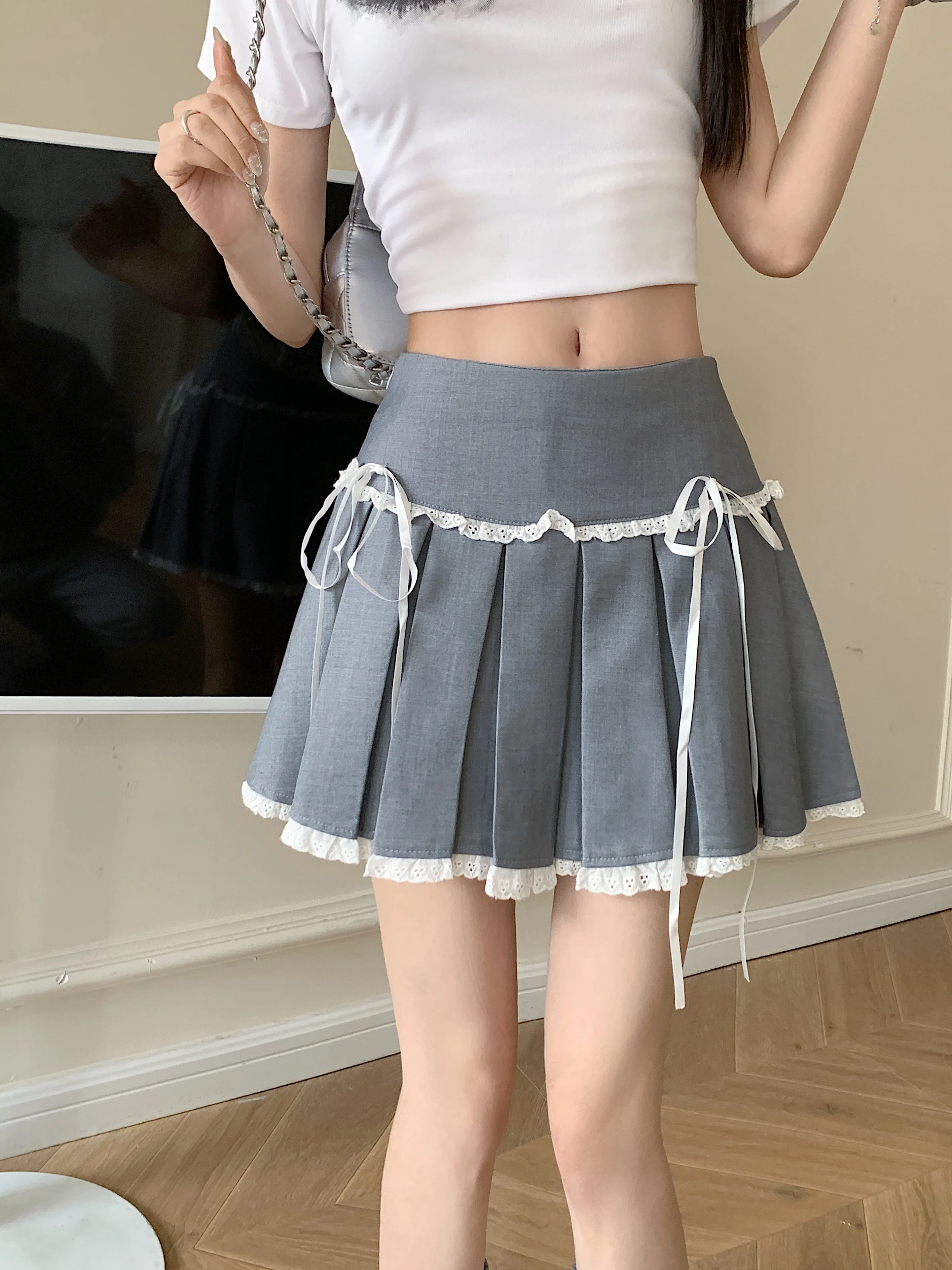 

Summer high waist lace patchwork bow women's slim pleated A-line skirt