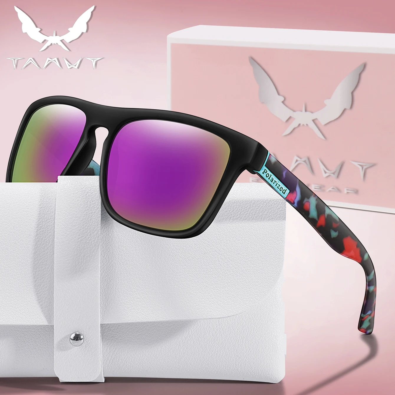 Modische polarisierte Fahrrad-Sonnenbrille für Herren, quadratischer Rahmen, bunte Linse zum Angeln, Fahrrad, Motorrad, Wandern – inklusive Box