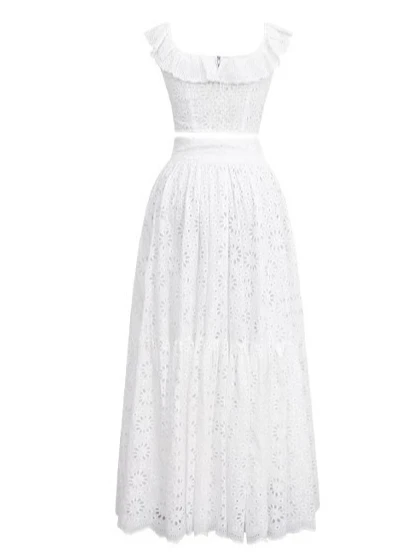 White Floral Embroidery Cropped Tops and Stretch Waist Skirt Summer Sleeveless Two Piece Sets Women Streetwear Skirts Sets