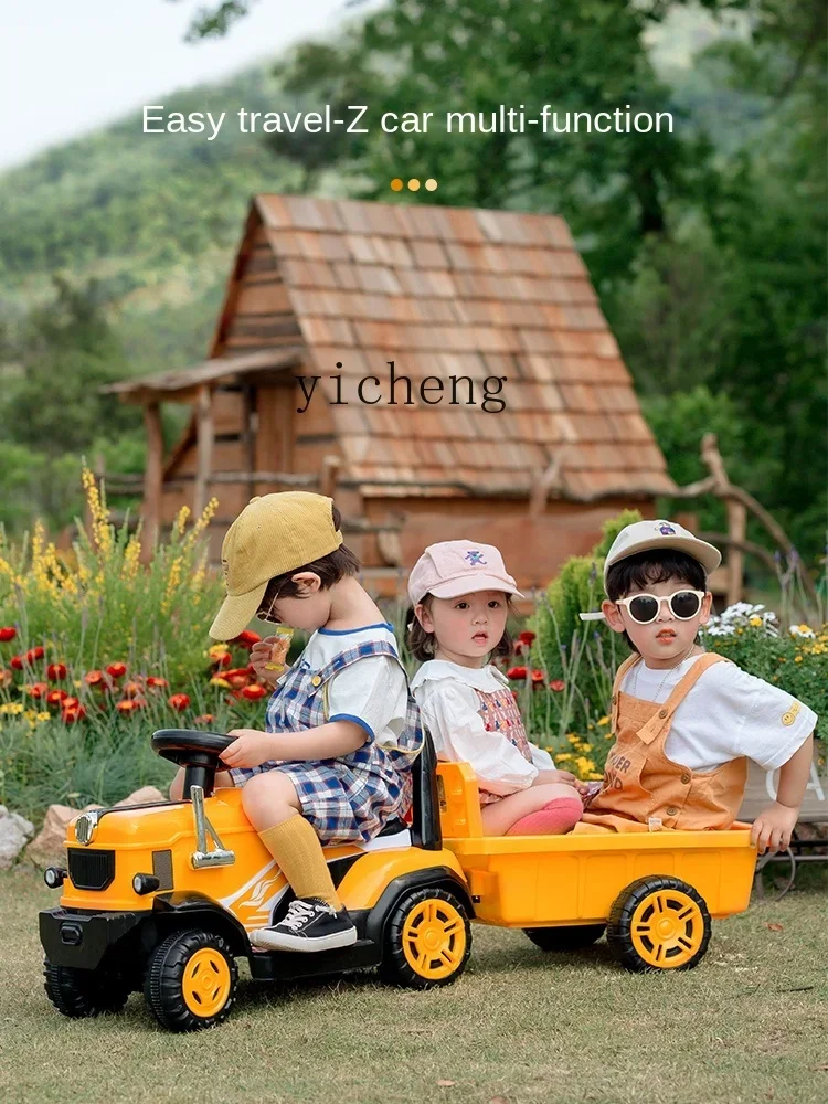 Coche de juguete con tractor eléctrico para niños XL con cubo puede sentarse en cuatro ruedas recargable con coche de Control remoto