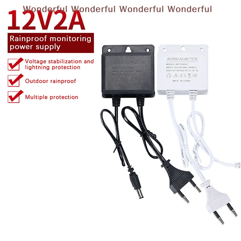Advanced Waterproof EU/US Plug Power Adapter for CCTV Security Surveillance; DC12V 2A, Input AC100V-240V.