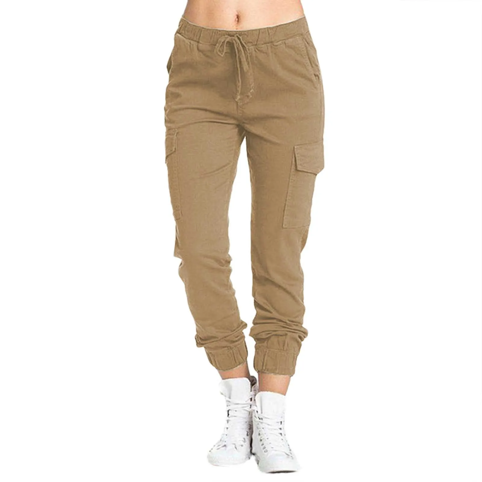 New Solid Jogger Women\'s Cargo Pants Multi-Pocket Drawstring Elastic Waist Women Sports Pants Streetwear Casual Long Pant