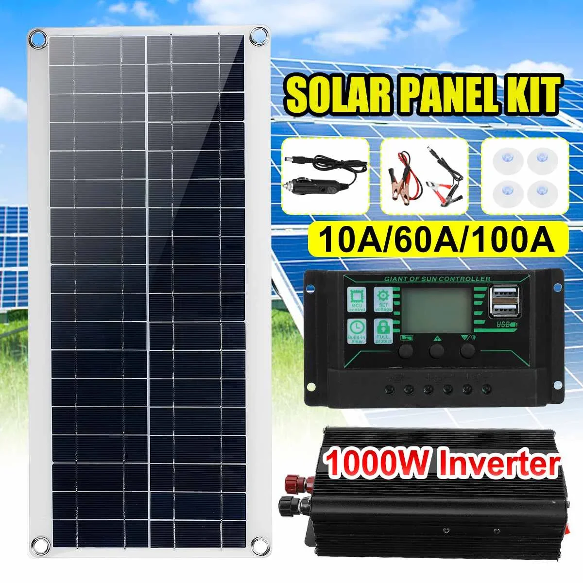 

Solar Panel Inverter System Kit, 1000W, 12V, Car, Van, Boat, Camper, Battery Charger, 1000W Inverter Controller, 10A, 60A, 100A