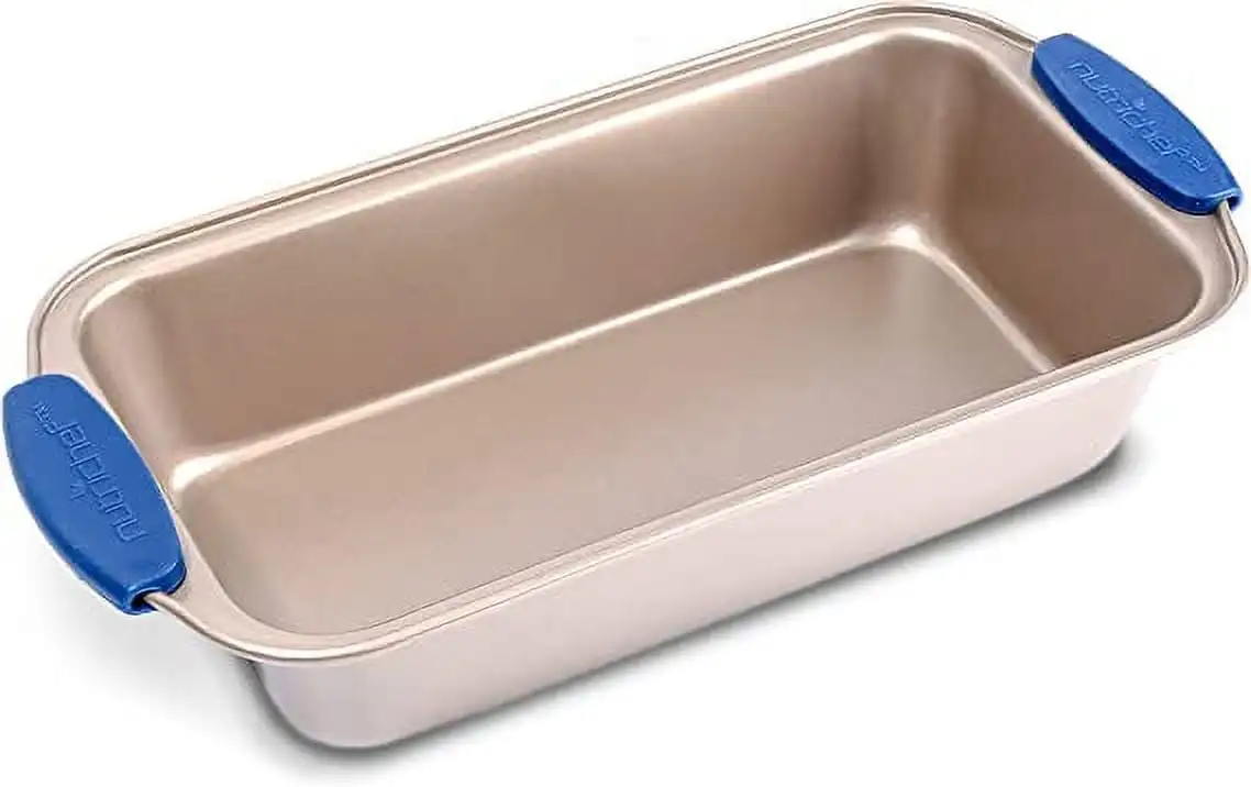 

Non-Stick Loaf Baking Pan, Deluxe Gold Carbon Steel Pan W/ Blue Silicone Handles, (Gold)