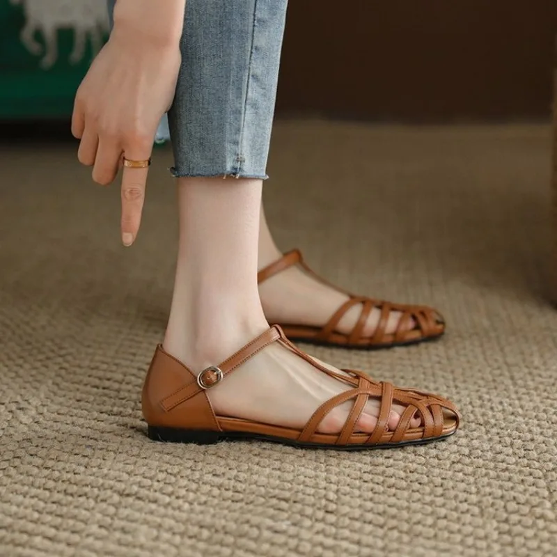 Roman Woven Flat Sandals for Women 2024 New Summer Fashion Flat-soled French Retro Low-heeled Hollow Sandals Shoes