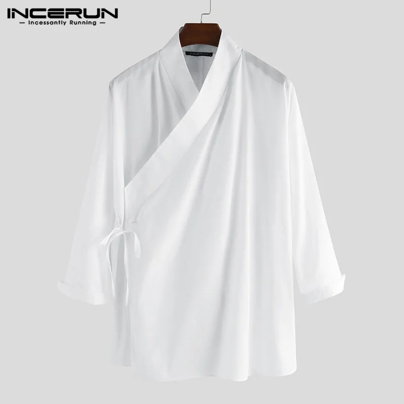 Incerun Vintage Mannen Shirt Effen Kleur Hanfu Lange Mouw Vetersluiting Elegante Opstaande Kraag Chinese Stijl Retro Mannelijke Shirts S-5XL 2024