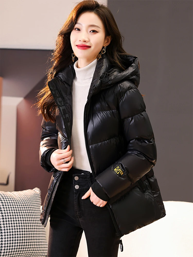 

Thiened Bla Gold down Cotton Jaet Women's Winter New Loose High-end ort Sle Hooded Bread Coat Korean Version Long S...