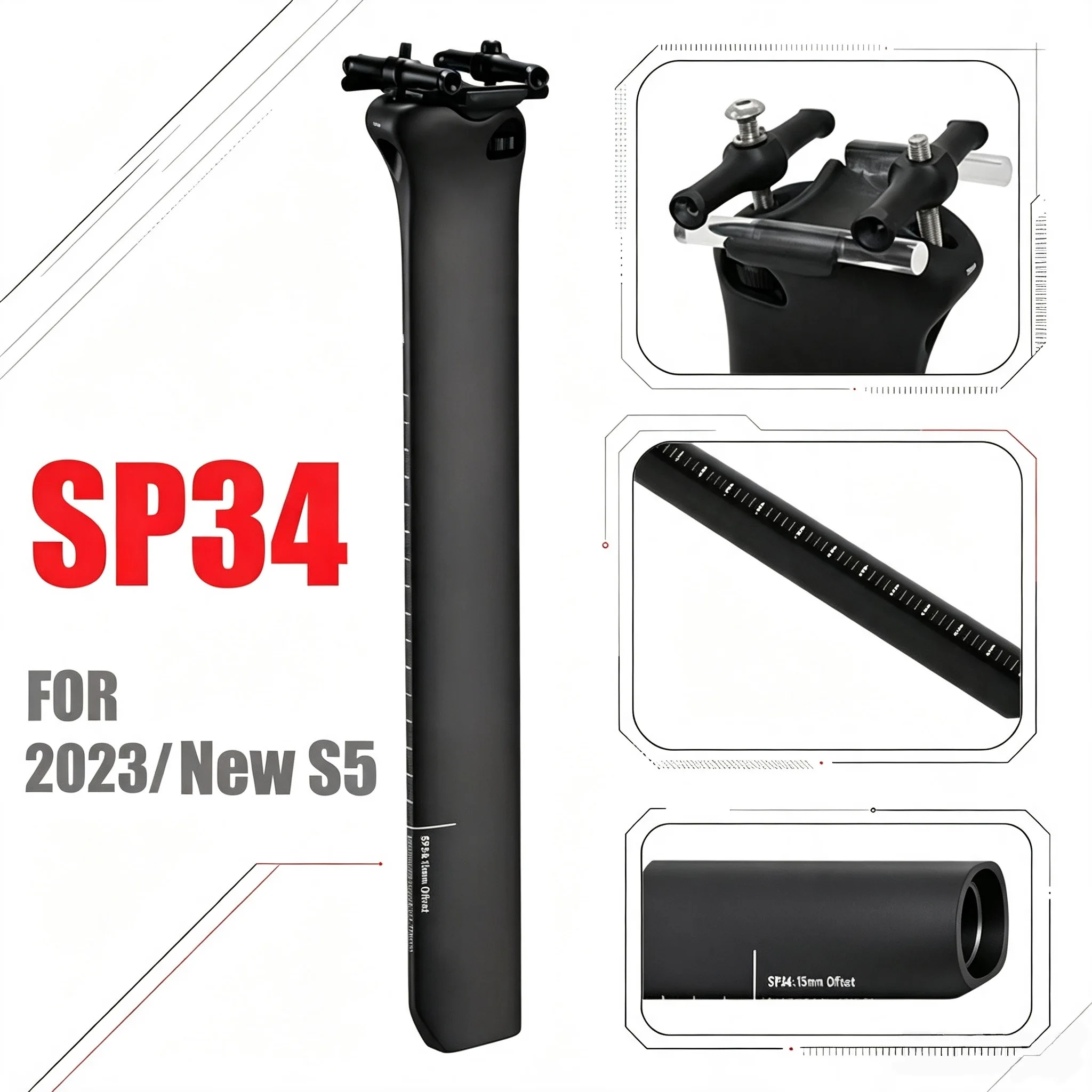S5 SP34 Pour 2022-2026 S5 Frames Aero SeatPost Tube de Selle de Vélo en Fibre de Carbone, 350mm, Décalage de 15mm, Pièces de Rechange pour Vélo