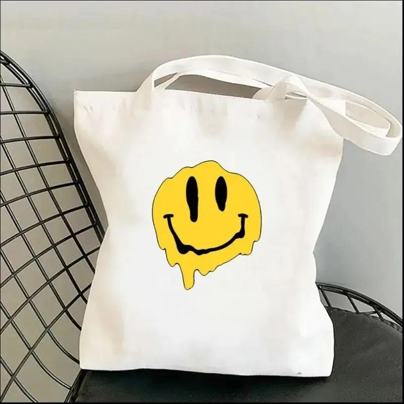 Funny Harajuku Smile Shoulder Bags Kawaii Fashion Tote Handbag Girl Canvas Environmental Large Capacity Portable Shopping Bag