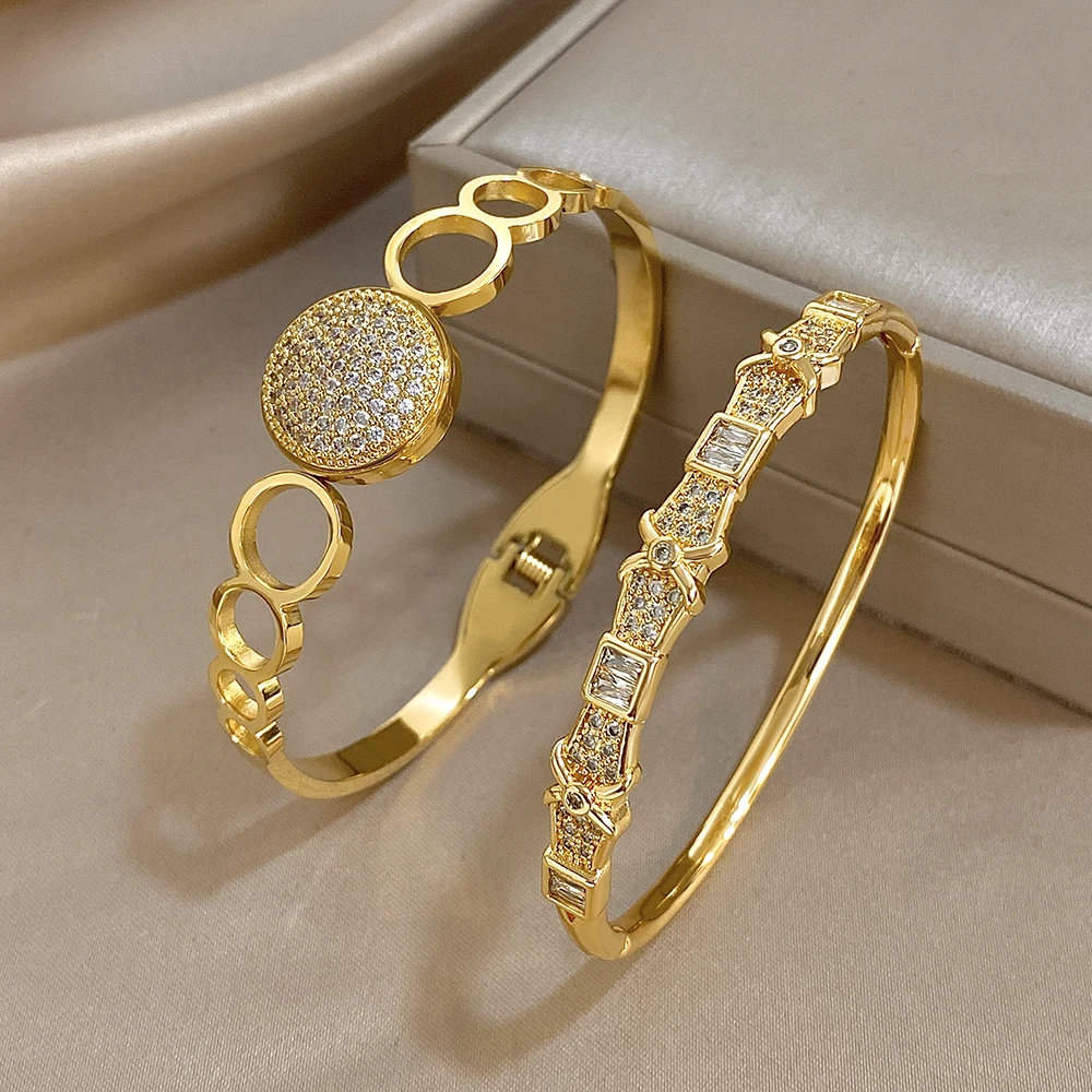 Neue Edelstahl Wasserdichte Manschette Armband Armreif Für Frauen Exquisite Shiny Intarsien Zirkon Geometrische Gestapelt Schmuck Geschenke