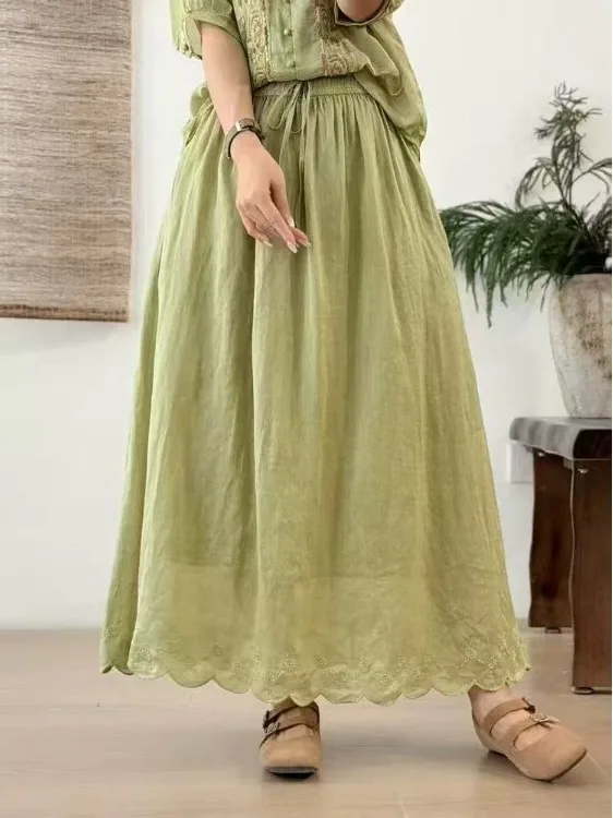 

Embroidered Pure Color Thin Linen A-Line Skirt Large Size Women's Dstring Elastic Waist Slimming f-length Skirts