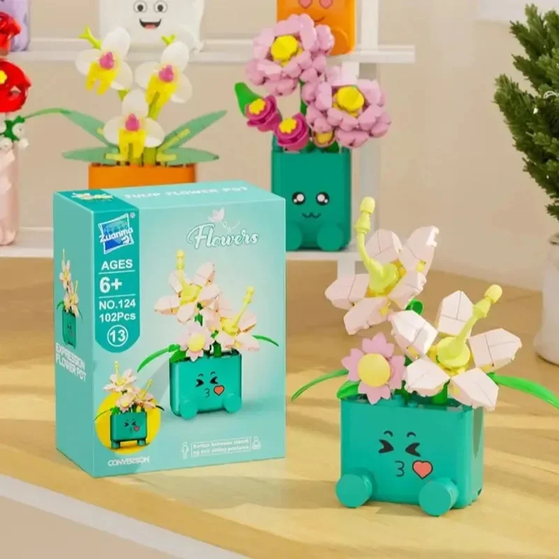 DIY Flower Building Block Set Cute Emoticon Plant Pot Sunflower Rose Botanical Model Toy Home Decor Gift for Kids