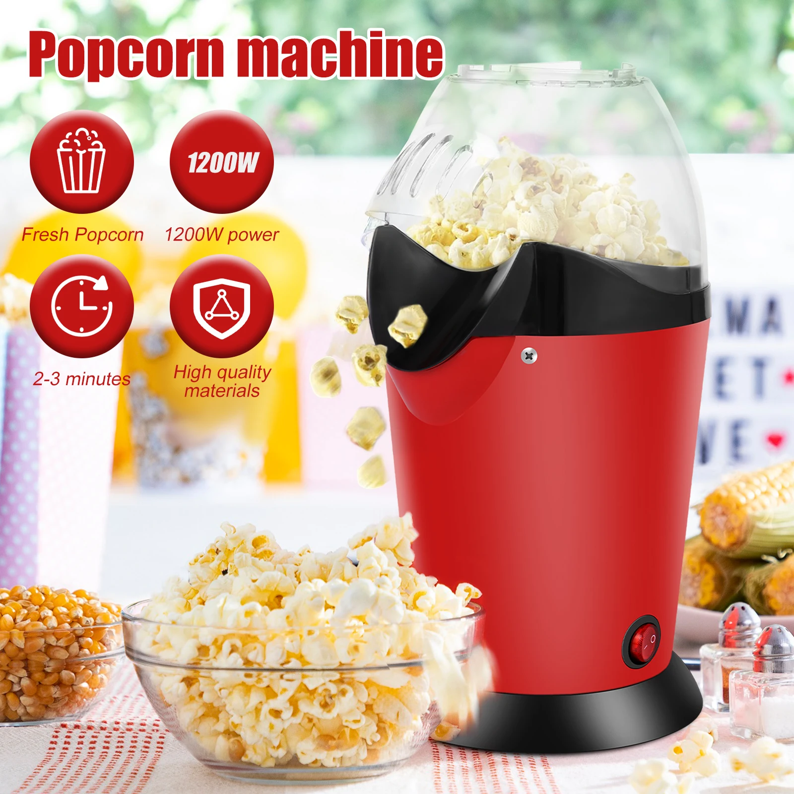 Hot Air Popcorn Maker 1200W Electric Popcorn Maker High Explosion Rate Popcorn Maker Machine Portable Air Popper Popcorn Maker